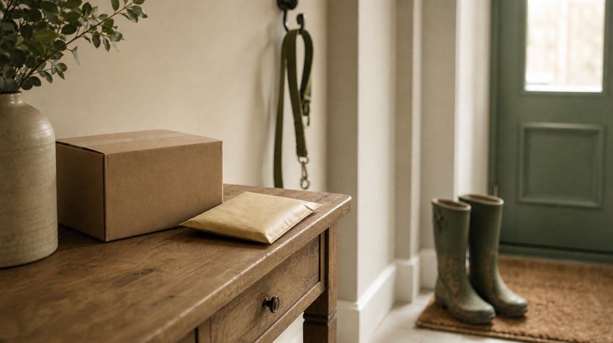 Plain parcel on a hallway table with wellies and a dog lead