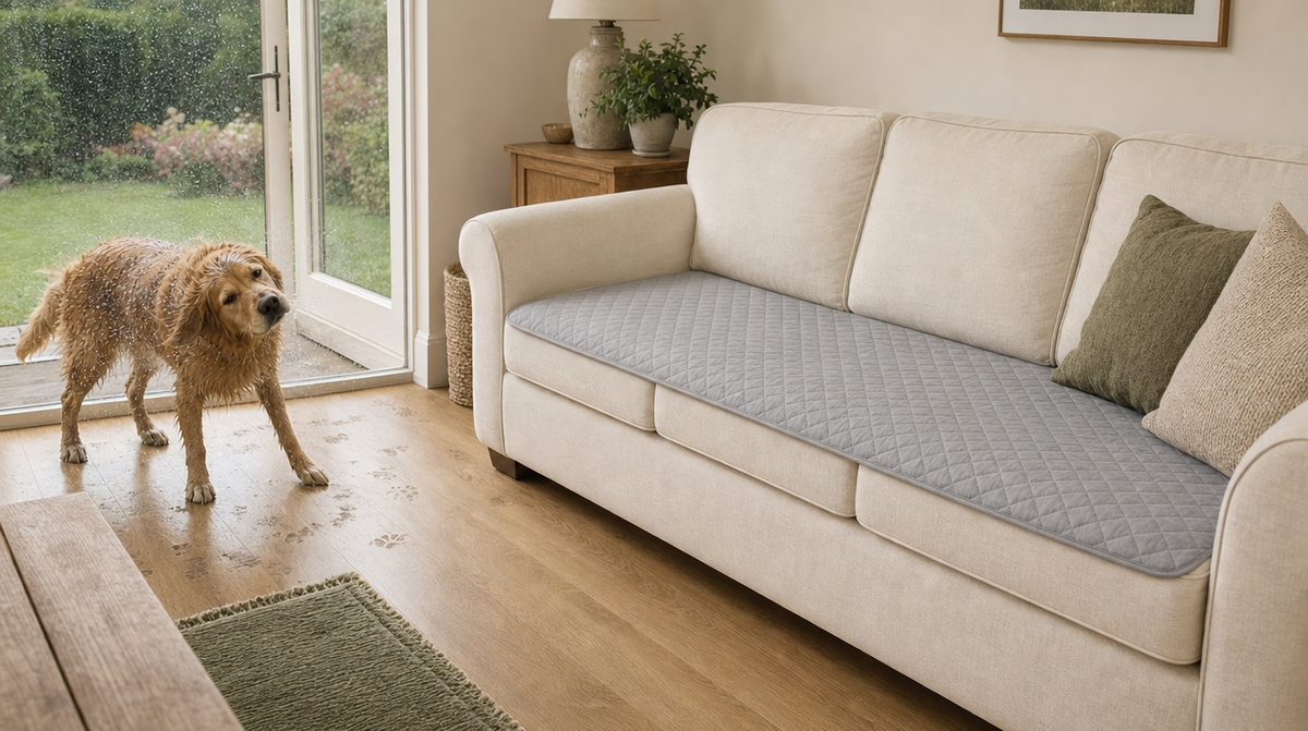 Wet retriever by the garden door, sofa protected by the grey quilted cover