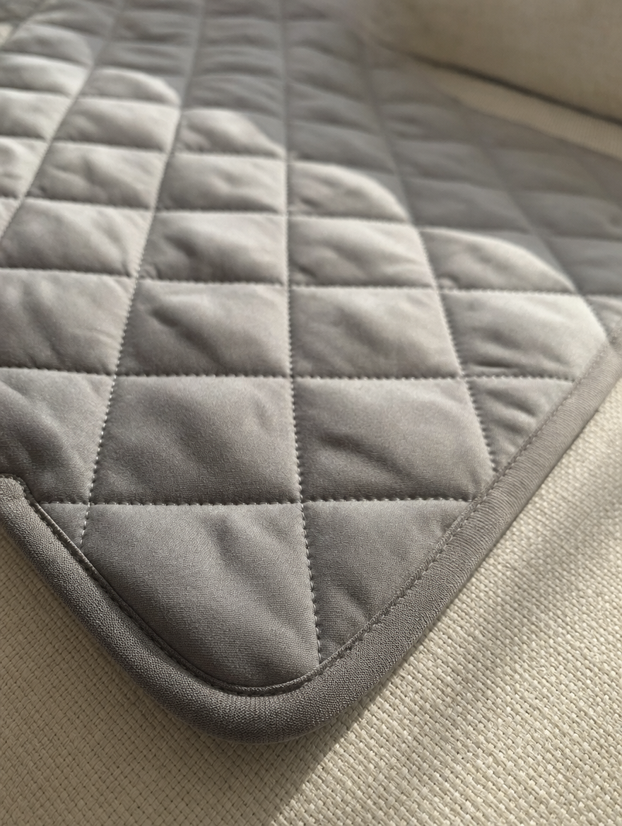 Diamond quilting and hemmed edge, close up